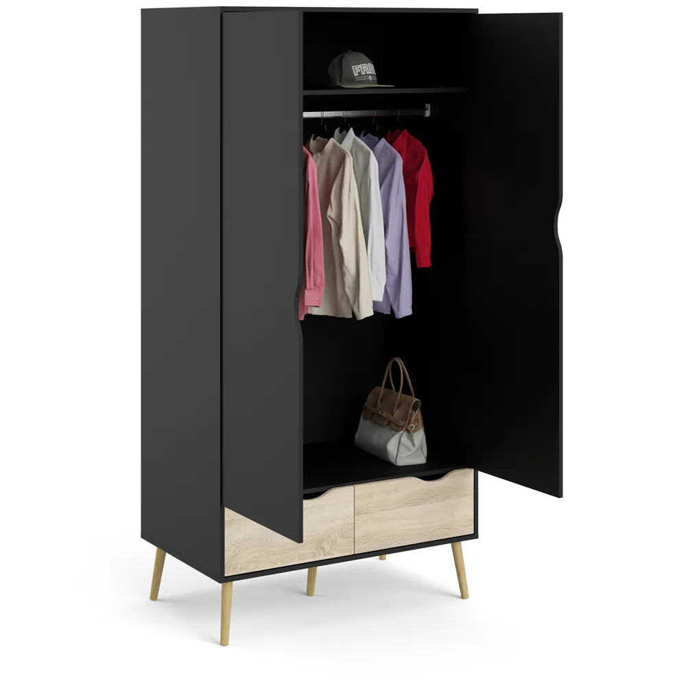 Florence 2 Door 2 Drawer Wardrobe - Black, Oak