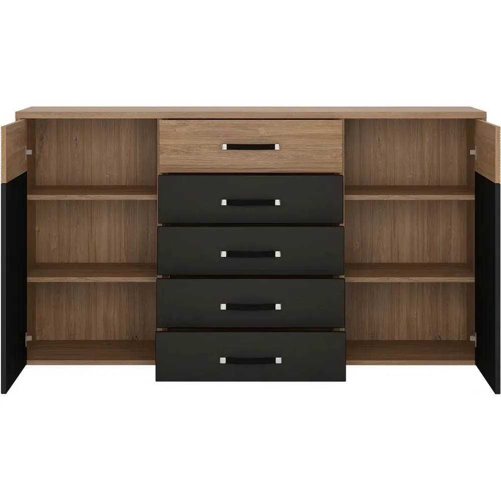 Florence 2 Door 5 Drawer Wide Chest of Drawers - Black, Oak