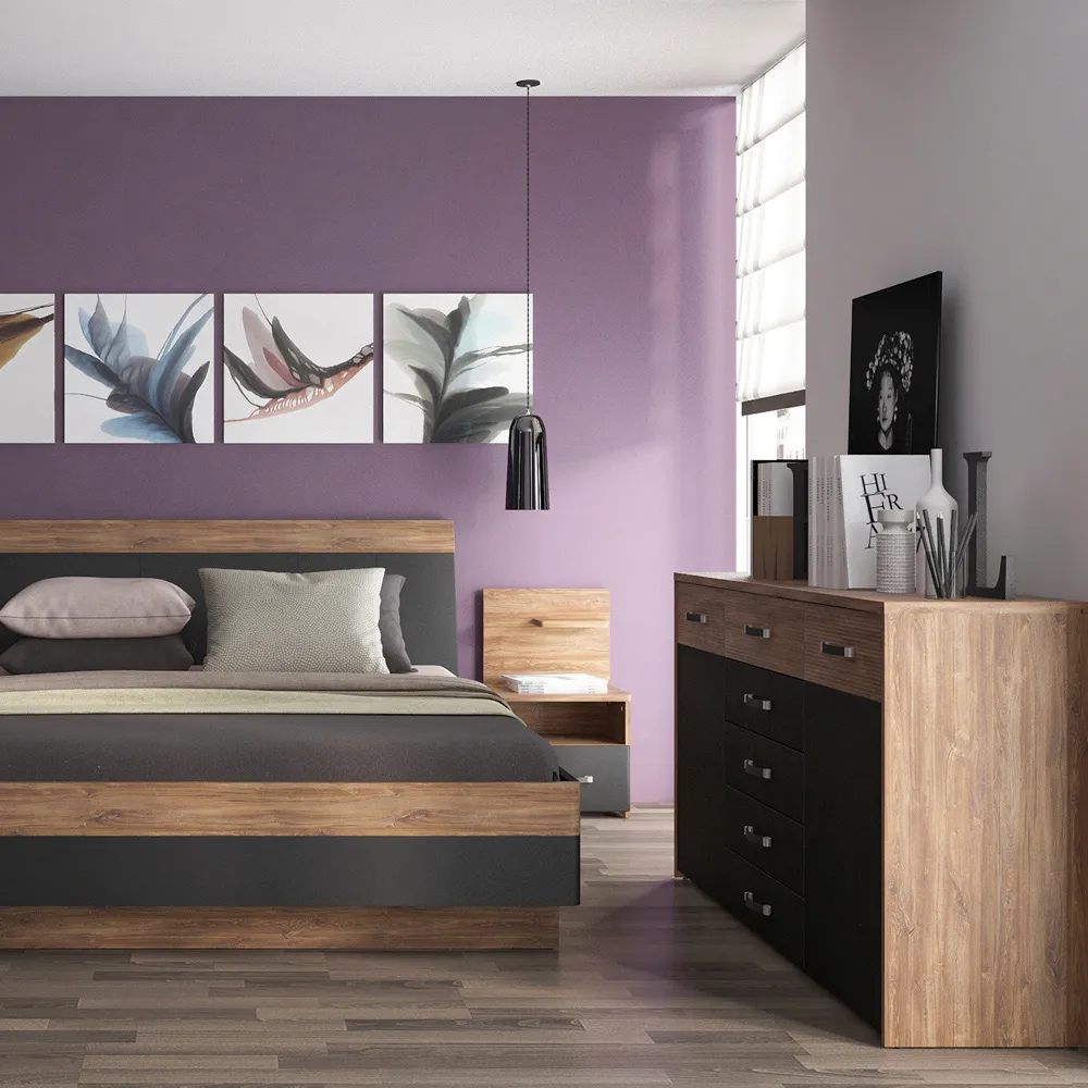 Florence 2 Door 5 Drawer Wide Chest of Drawers - Black, Oak