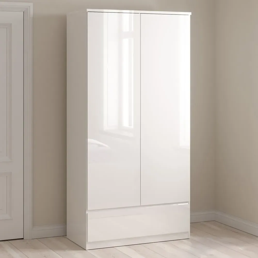 Florence 2 Door Single Drawer Wardrobe - White High Gloss