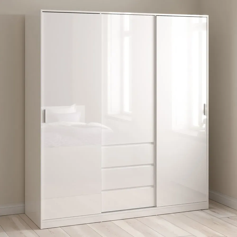 Florence 3 Door 3 Drawer Sliding Wardrobe - White High Gloss