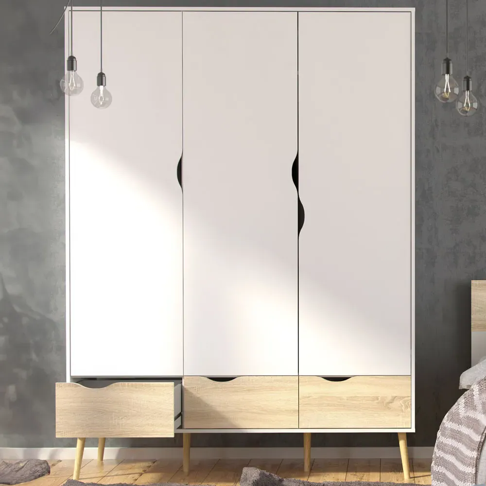 Florence 3 Door Wardrobe with Drawers - White, Oak