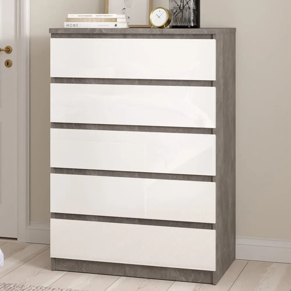 Florence 5 Drawer Chest of Drawers - White, Concrete