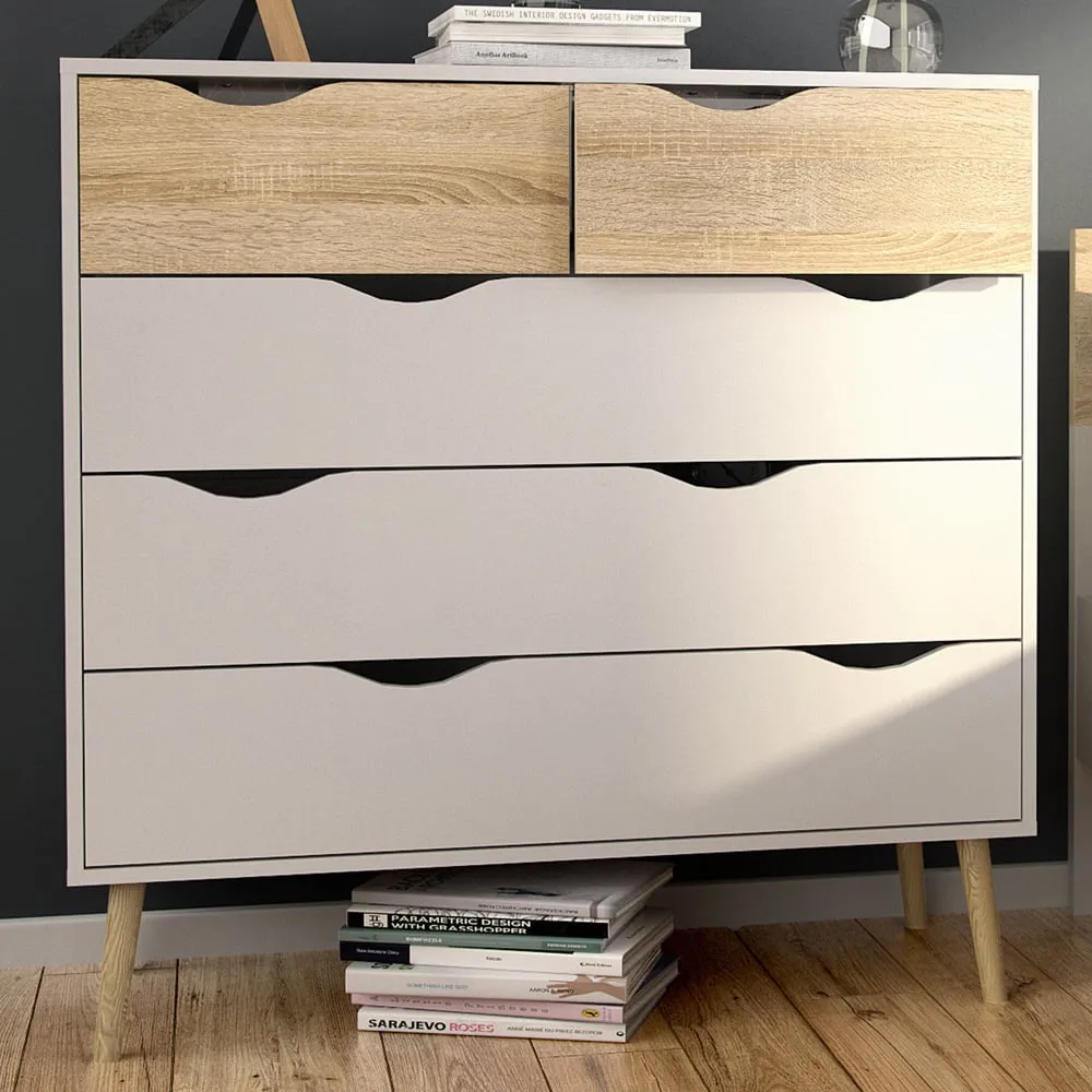 Florence 5 Drawer Chest of Drawers - White, Oak