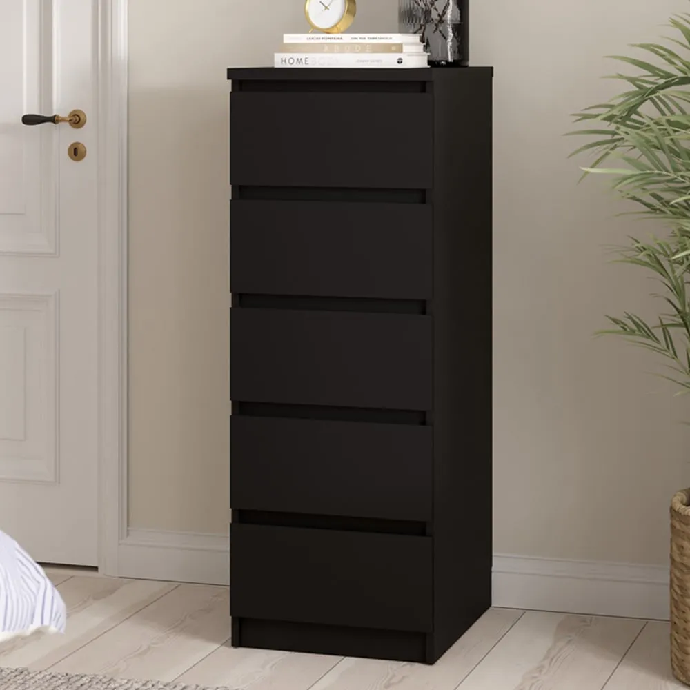Florence 5 Drawer Narrow Chest of Drawers - Black