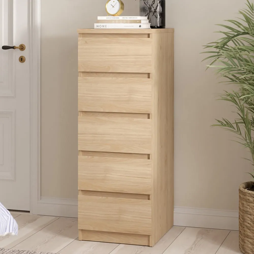 Florence 5 Drawer Narrow Chest of Drawers - Oak