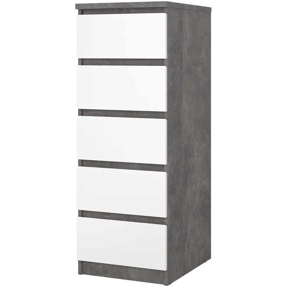 Florence 5 Drawer Narrow Chest of Drawers - White, Concrete