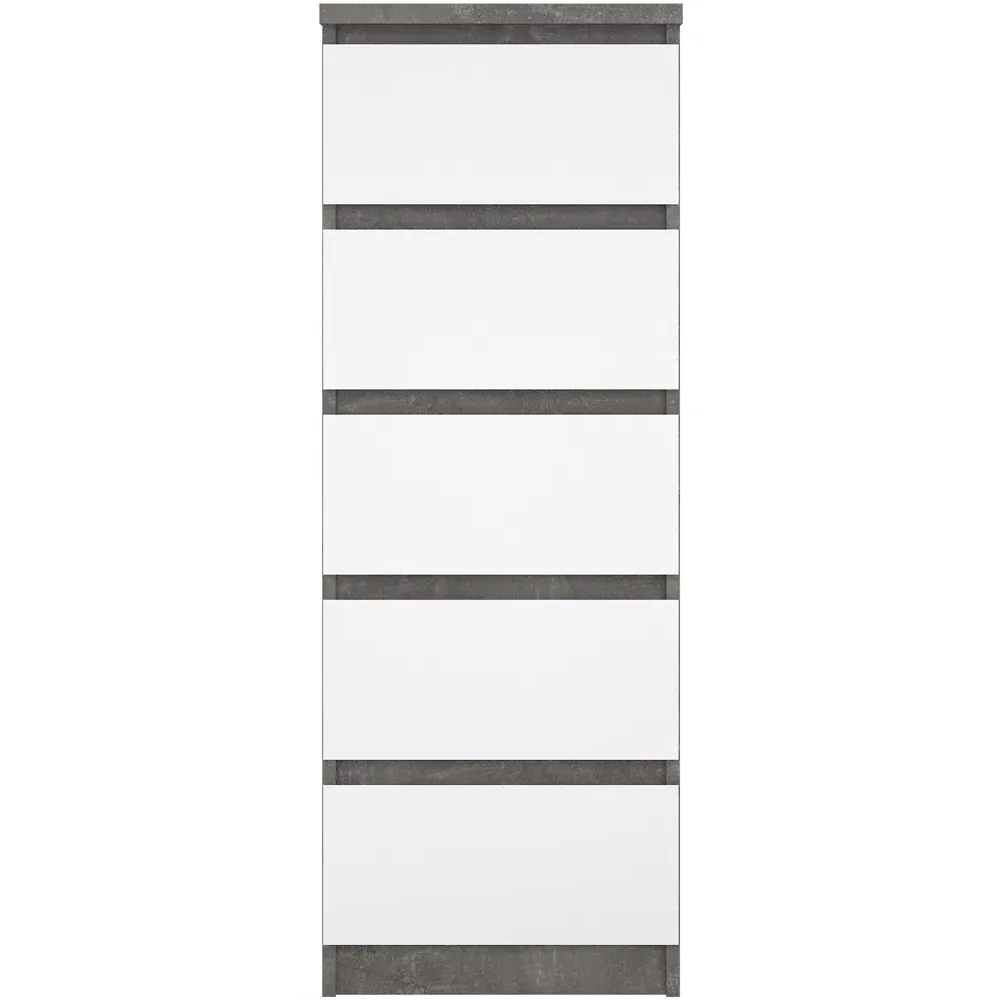 Florence 5 Drawer Narrow Chest of Drawers - White, Concrete