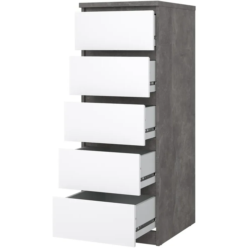 Florence 5 Drawer Narrow Chest of Drawers - White, Concrete