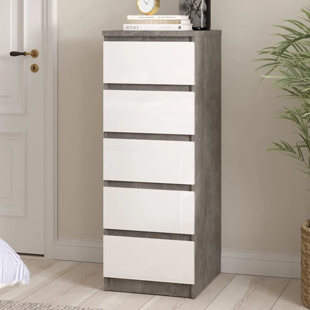 Florence 5 Drawer Narrow Chest of Drawers - White, Concrete