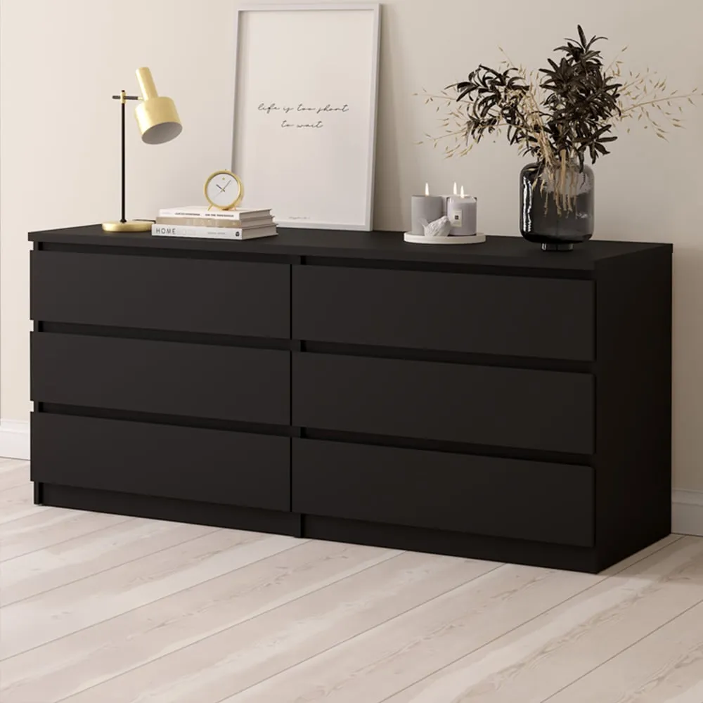 Florence 6 Drawer Wide Chest of Drawers - Black