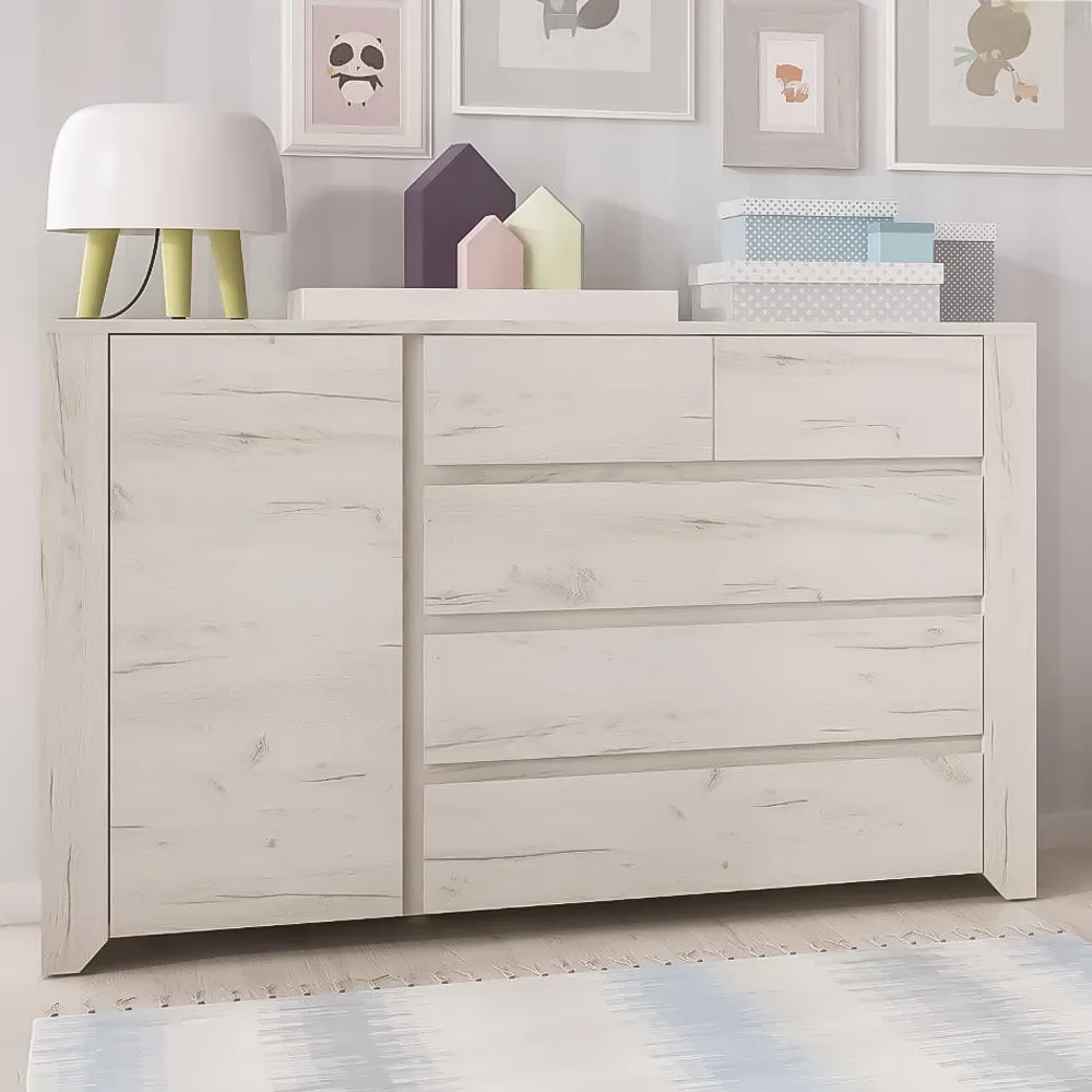 Florence Angel 5 Drawer Chest with Door - White, Oak
