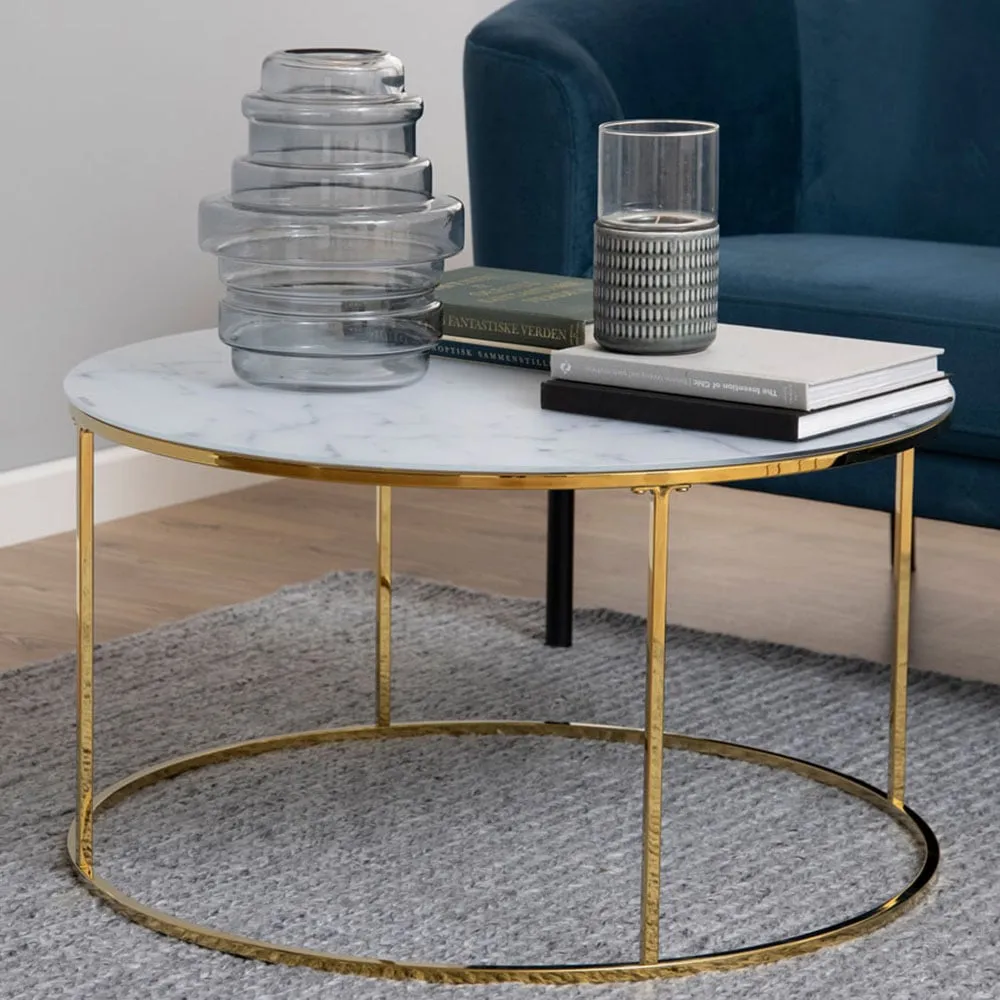 Florence Bolton Round Glass Coffee Table - White, Marble