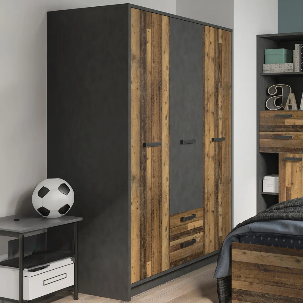 Florence Brooklyn 3 Door Wardrobe with Drawers - Grey, Walnut