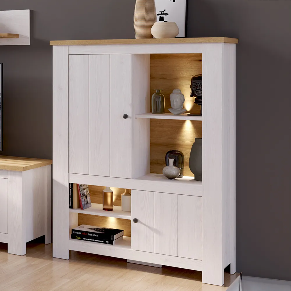Florence Celesto Wide Display Cabinet with LED - White, Oak