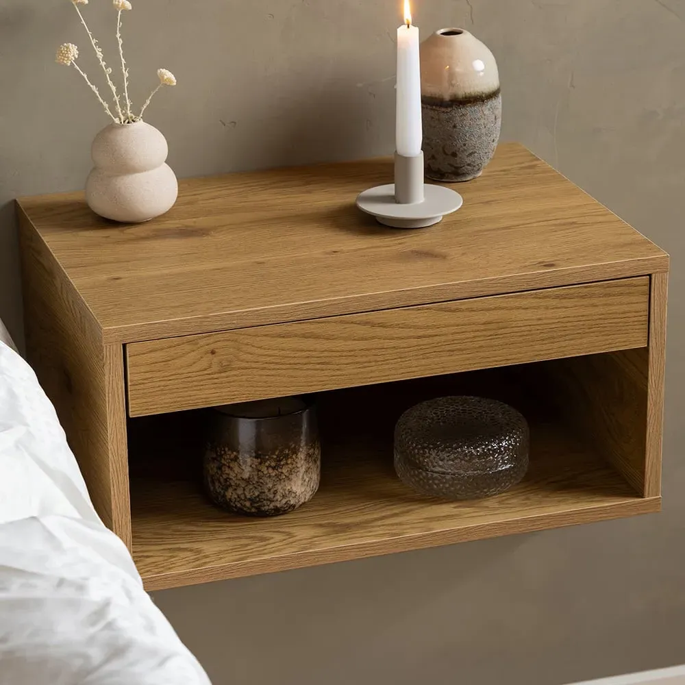 Florence Cholet Square Bedside Table with Drawer - Brown, Oak