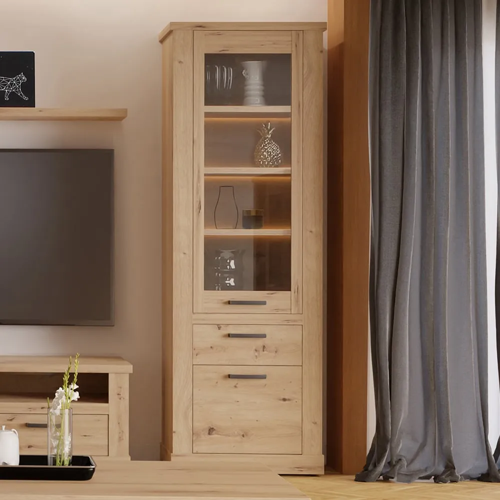 Florence Corona Narrow Display Cabinet with Drawer - Oak