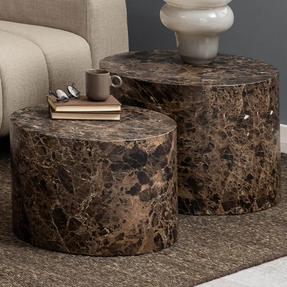 Florence Dice Round Coffee Table Set of 2 - Brown, Marble