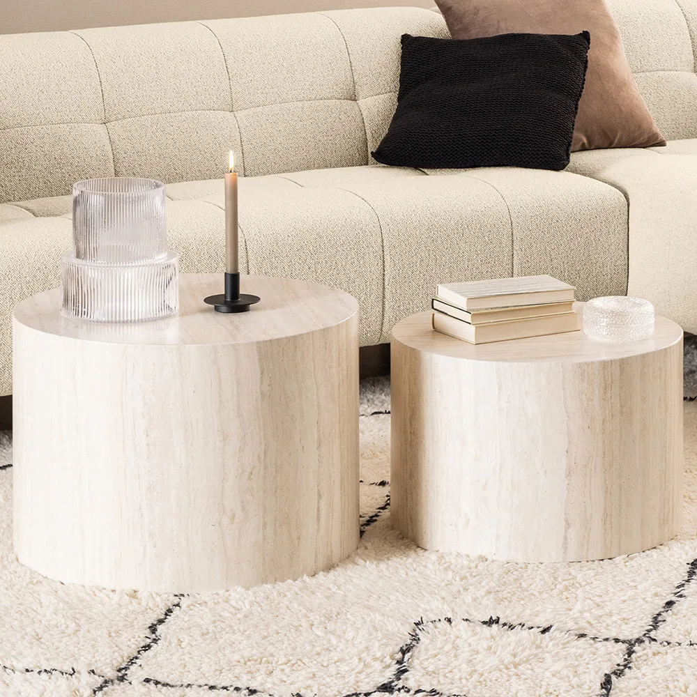 Florence Dice Round Coffee Table Set of 2 - Brown, Travertine image
