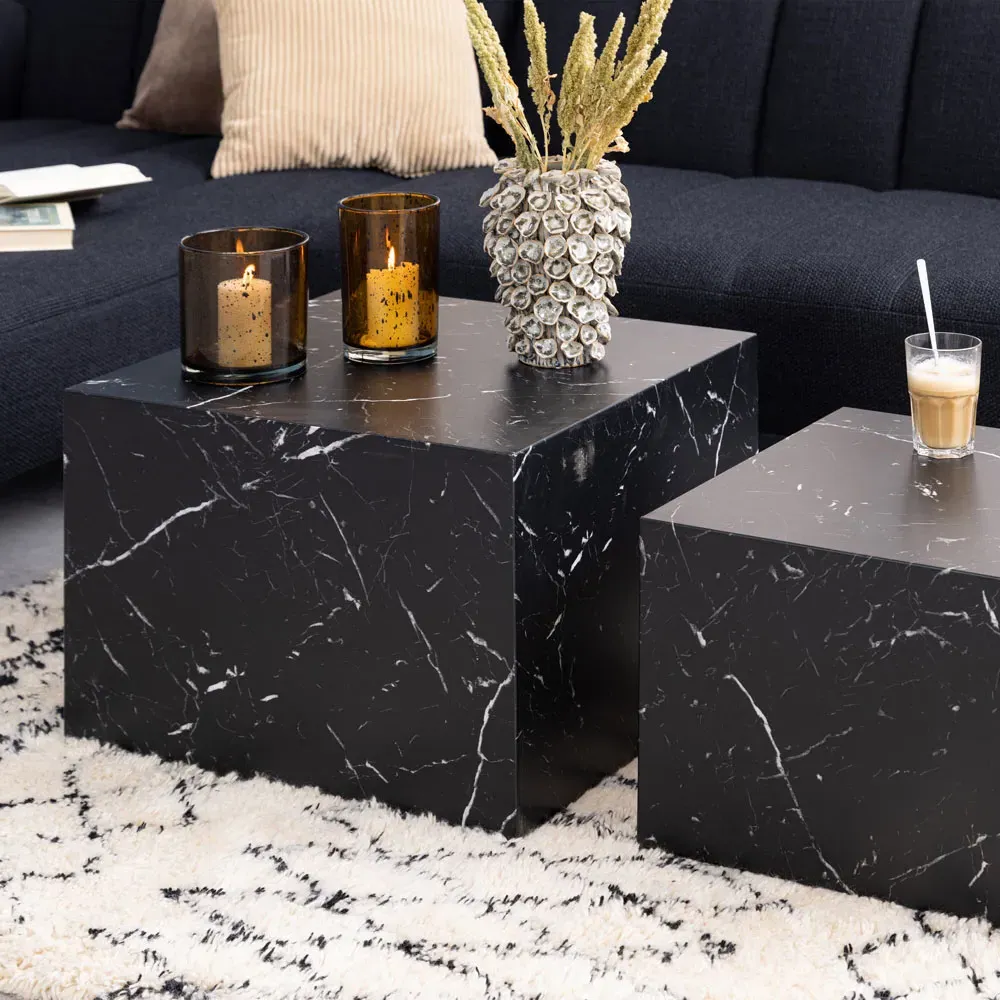 Florence Dice Square Coffee Table Set of 2 - Black, Marble