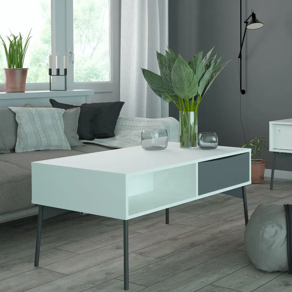 Florence Fur Coffee Table with Drawer - White, Grey