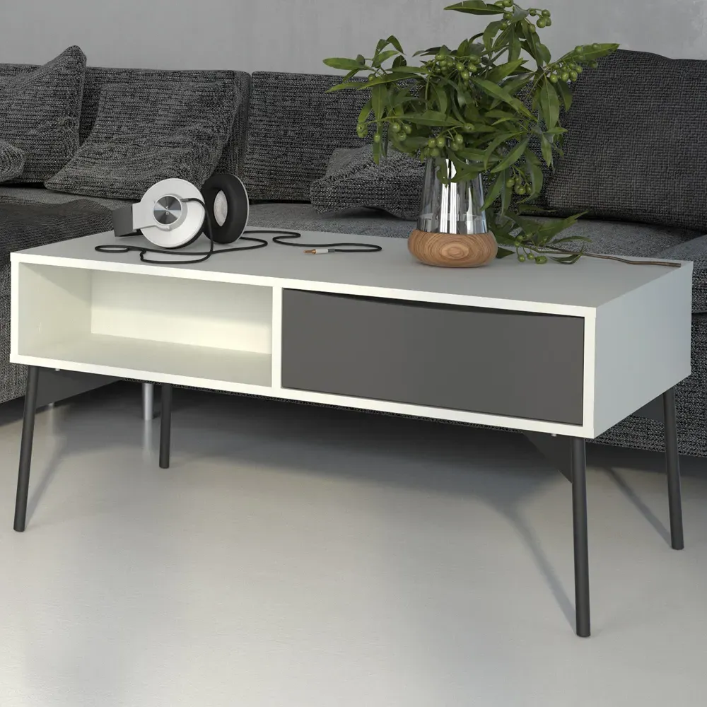 Florence Fur Coffee Table with Drawer - White, Grey