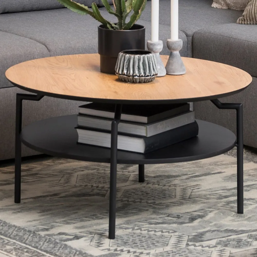 Florence Goldington Round Coffee Table with Shelf - Black, Oak image
