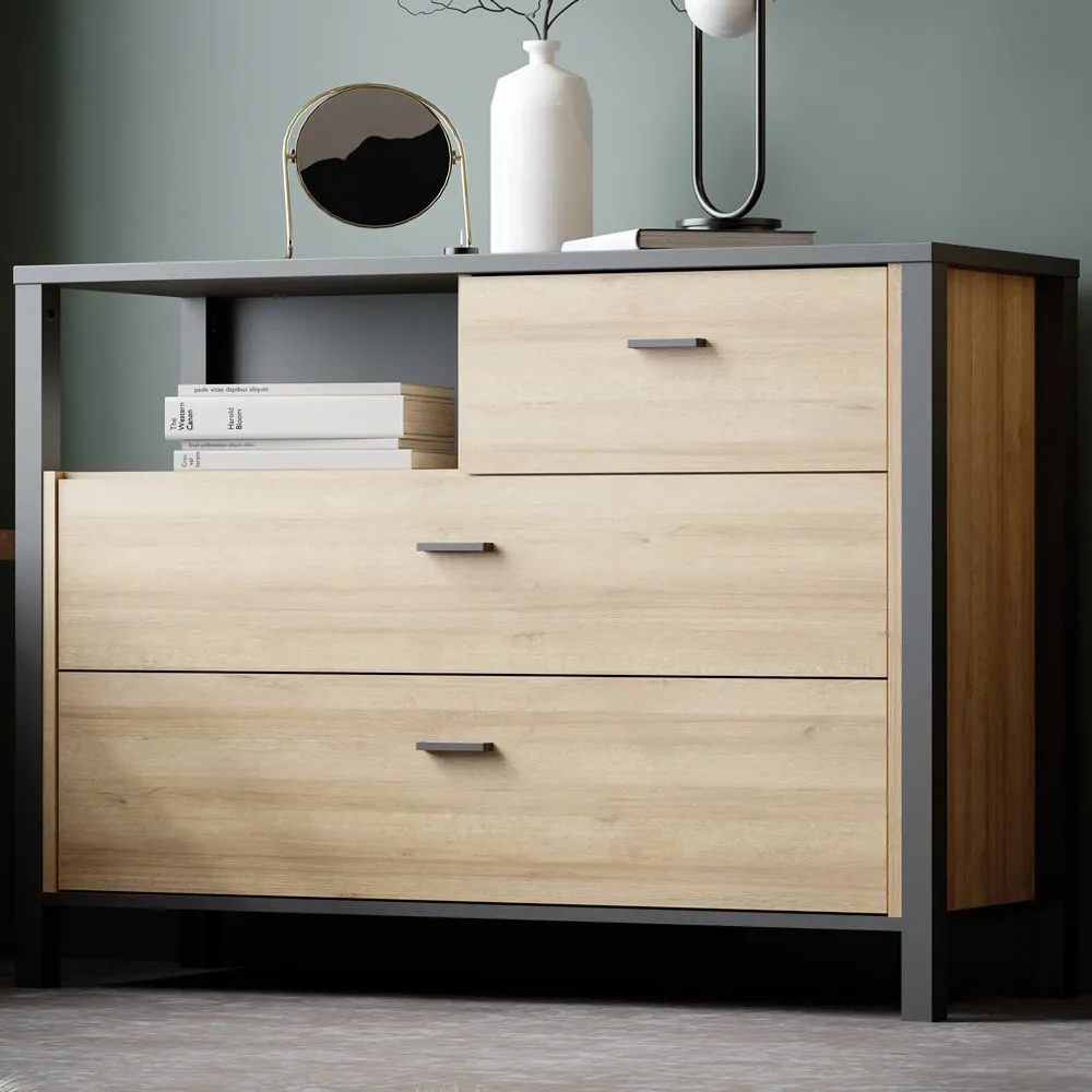 Florence High Rock 3 Drawer Chest of Drawers - Black, Oak