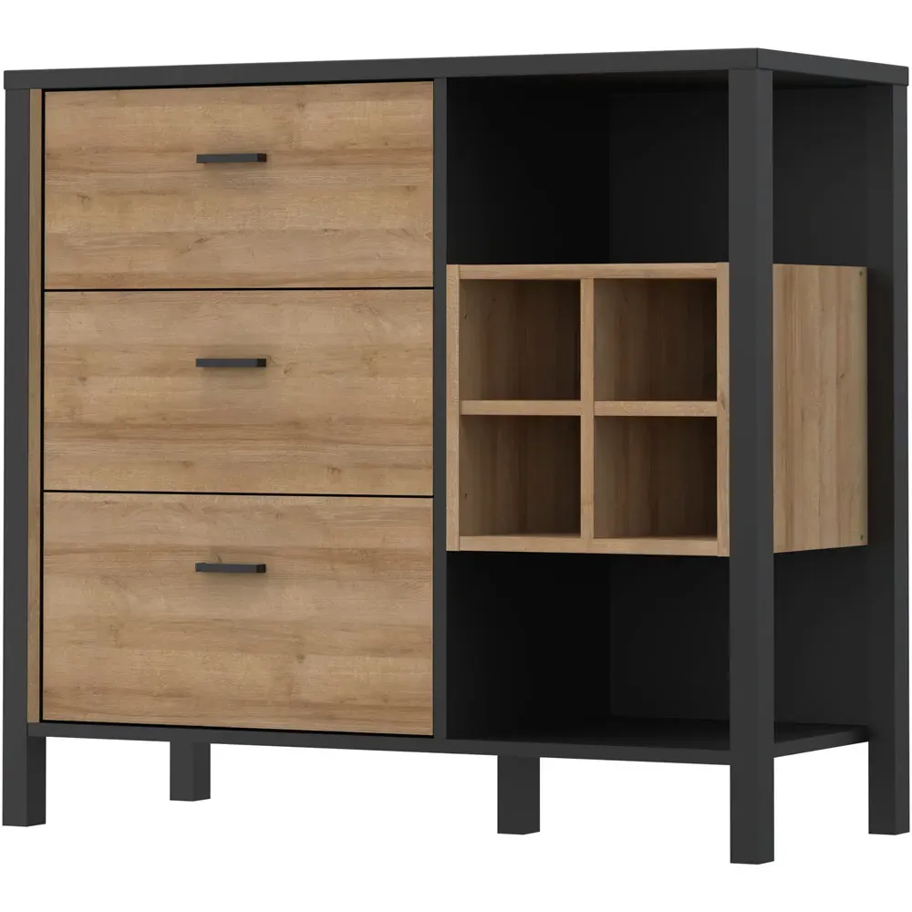 Florence High Rock 3 Drawer Sideboard with Wine Holders - Black, Oak