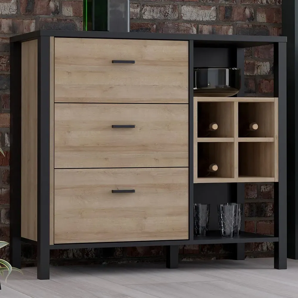 Florence High Rock 3 Drawer Sideboard with Wine Holders - Black, Oak image