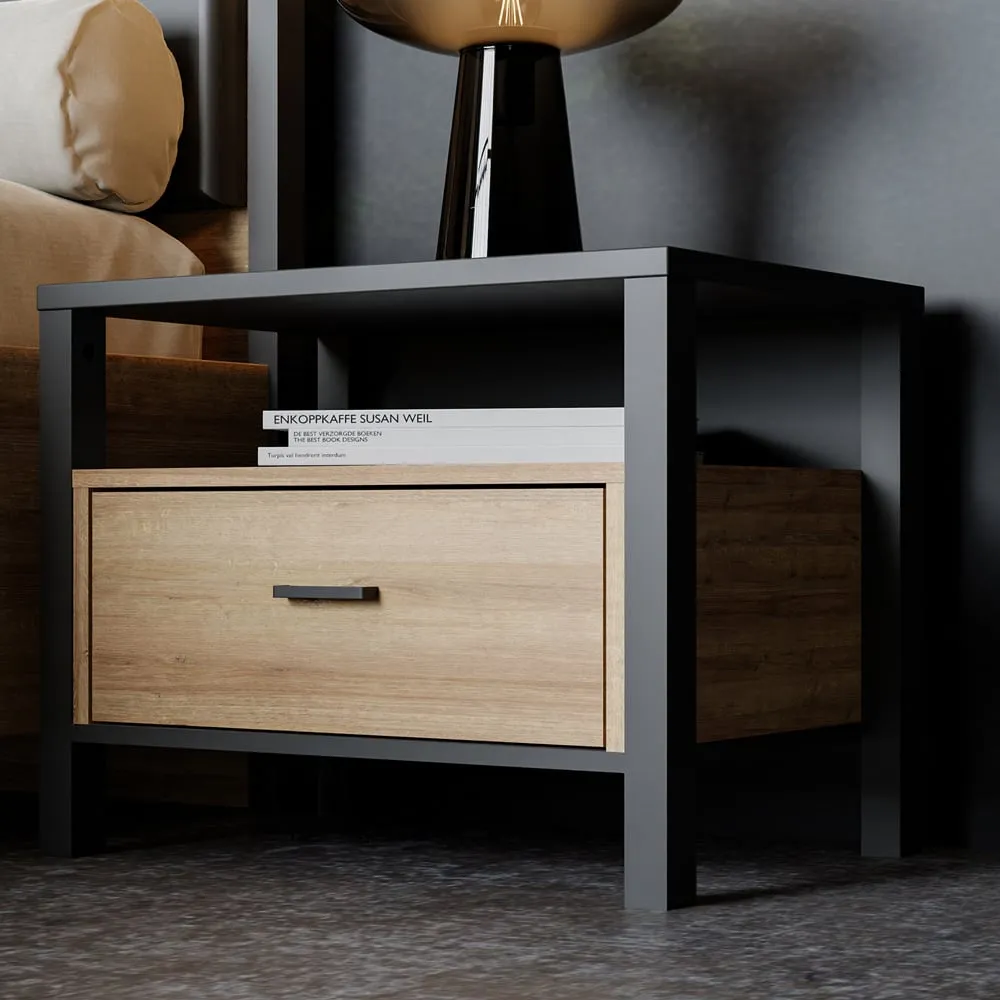 Florence High Rock Bedside Table with Storage - Black, Oak image