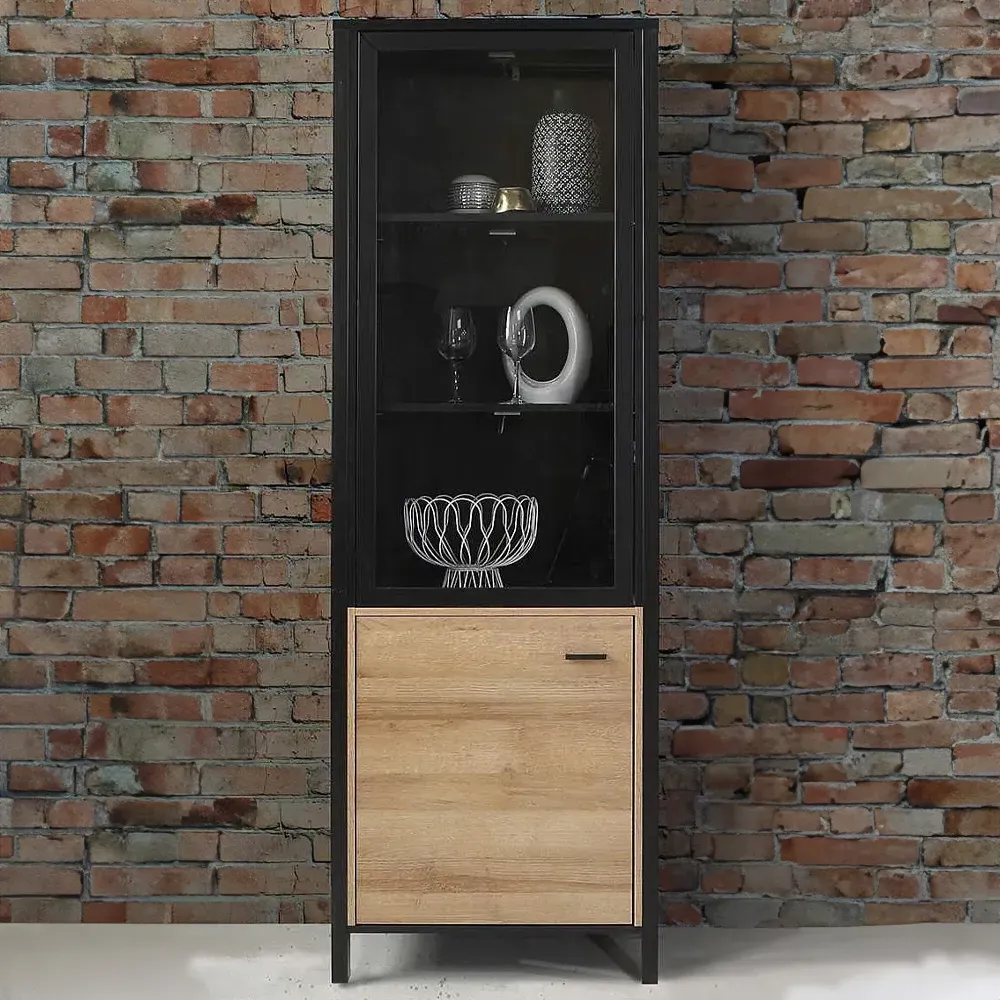 Florence High Rock Single Door Wide Display Cabinet - Black, Oak