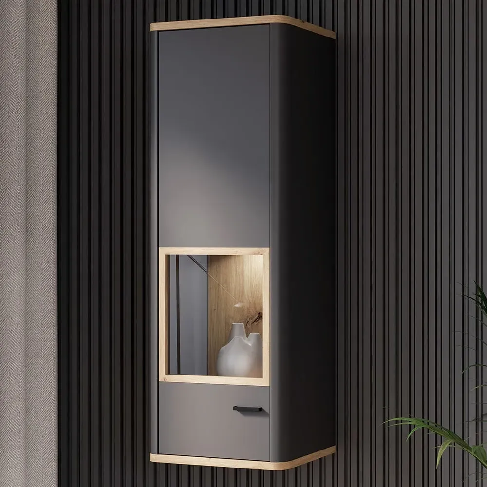 Florence Klara Single Door Glass Display Cabinet with LED - Grey, Oak