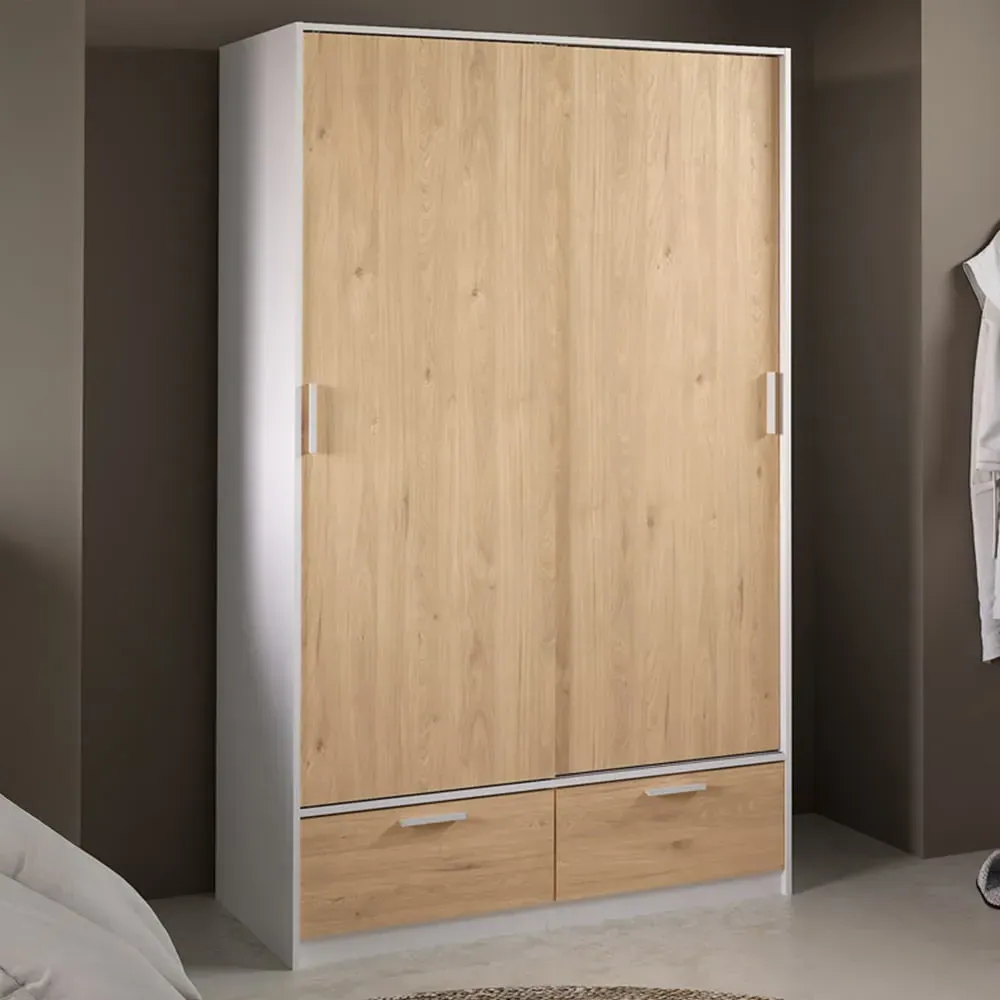 Florence Line 2 Door 2 Drawer Wardrobe - White, Jackson Hickory Oak
