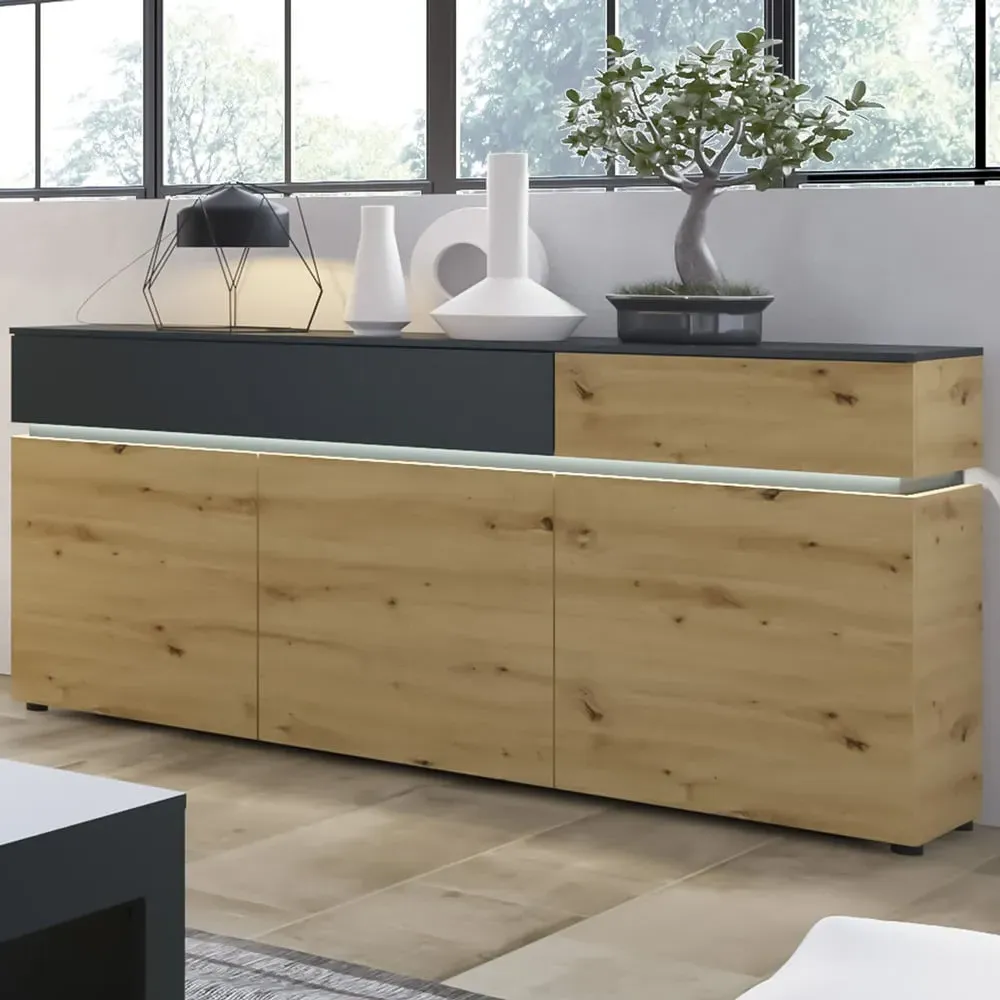 Florence Luci 3 Door Sideboard with LED - Platinum, Oak