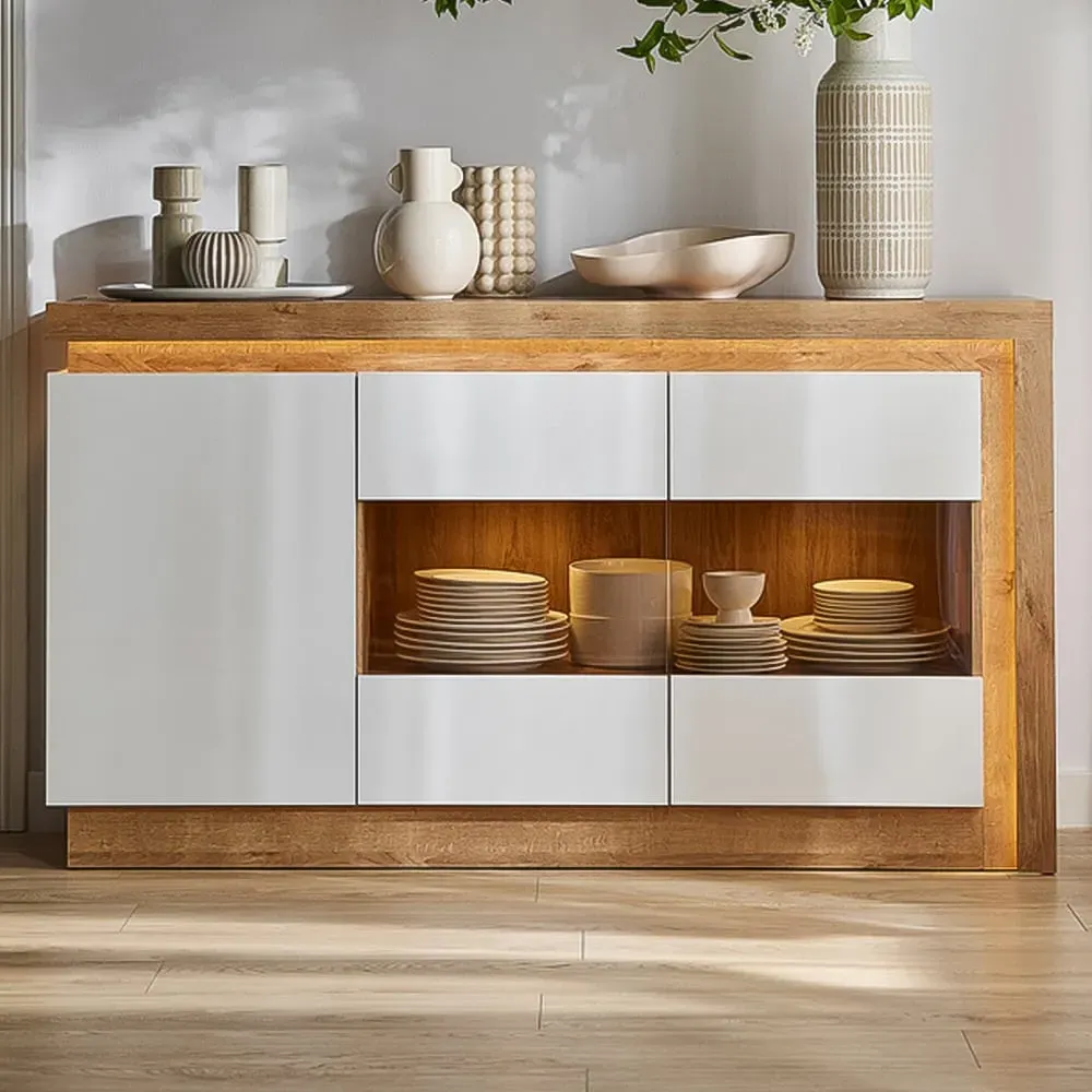 Florence Lyon 3 Door Glazed Sideboard with LED - White, Oak