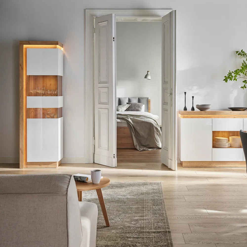 Florence Lyon Single Door Display Cabinet with LED - Riviera Oak