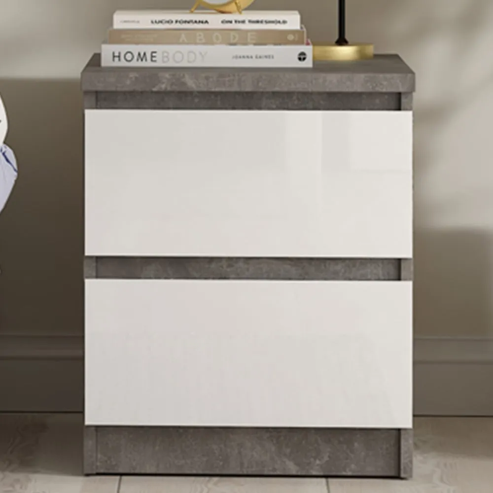 Florence Naia 2 Drawer Bedside Table - Concrete, White