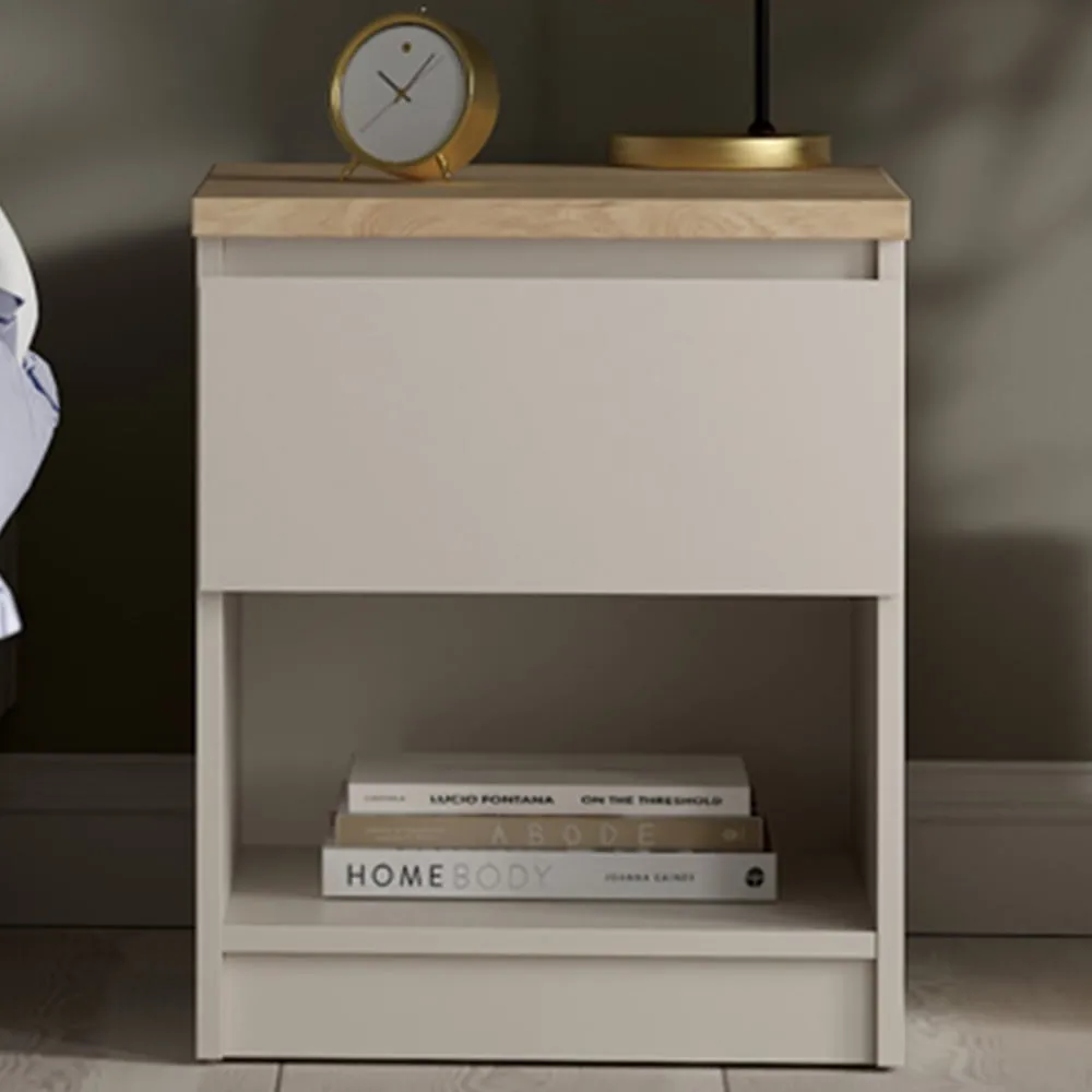 Florence Naia Single Drawer Bedside Table with Shelf - Cashmere, Hickory