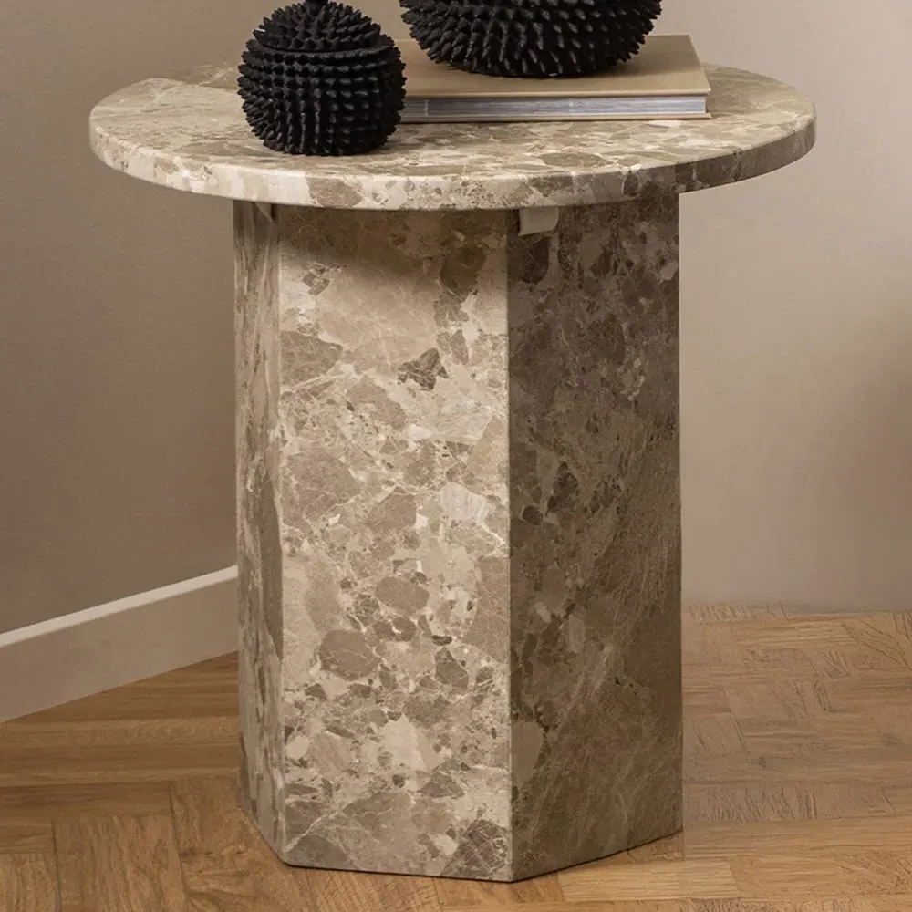 Florence Naxos Round Side Table - Brown, Marble image