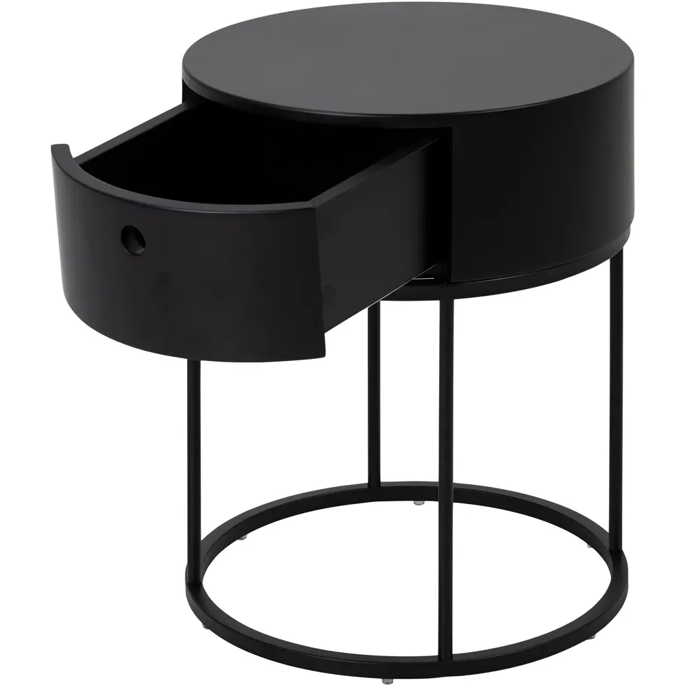Florence Polo Round Bedside Table with Drawer - Black