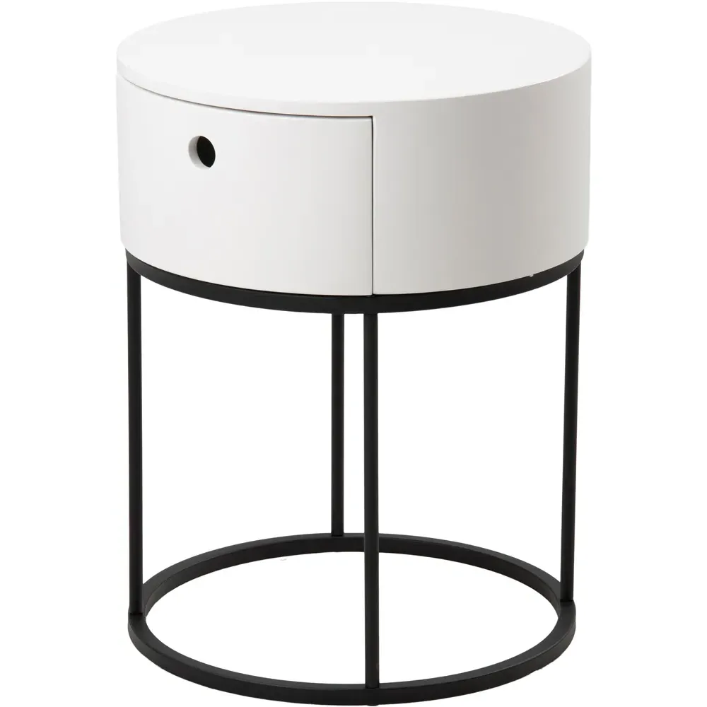 Florence Polo Round Bedside Table with Drawer - White, MDF