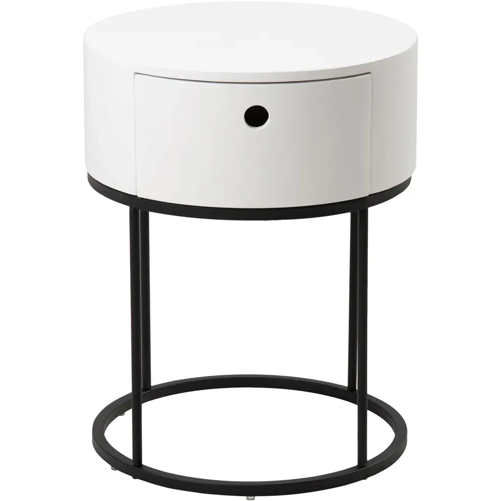 Florence Polo Round Bedside Table with Drawer - White, MDF