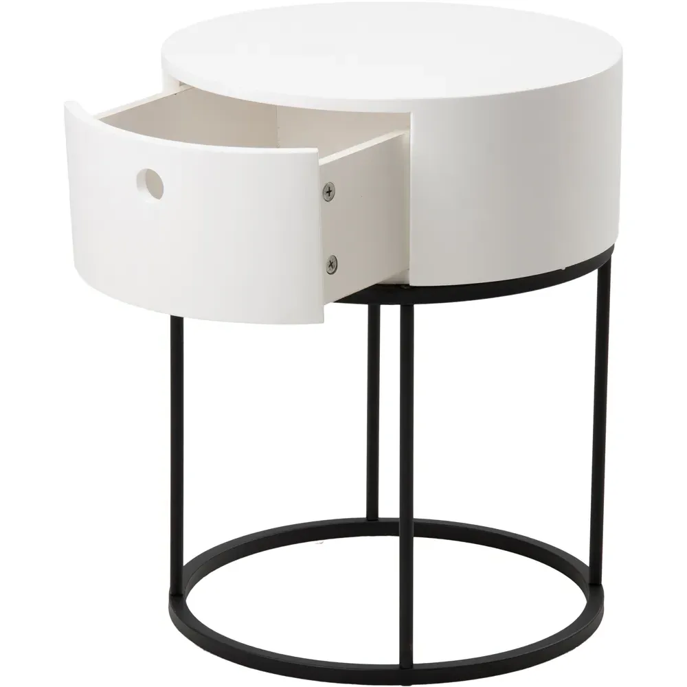 Florence Polo Round Bedside Table with Drawer - White, MDF