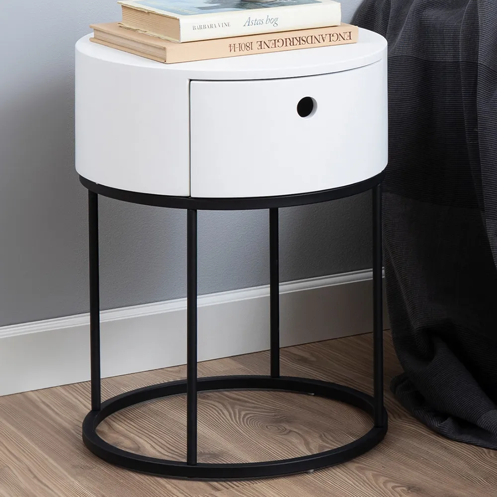 Florence Polo Round Bedside Table with Drawer - White, MDF image