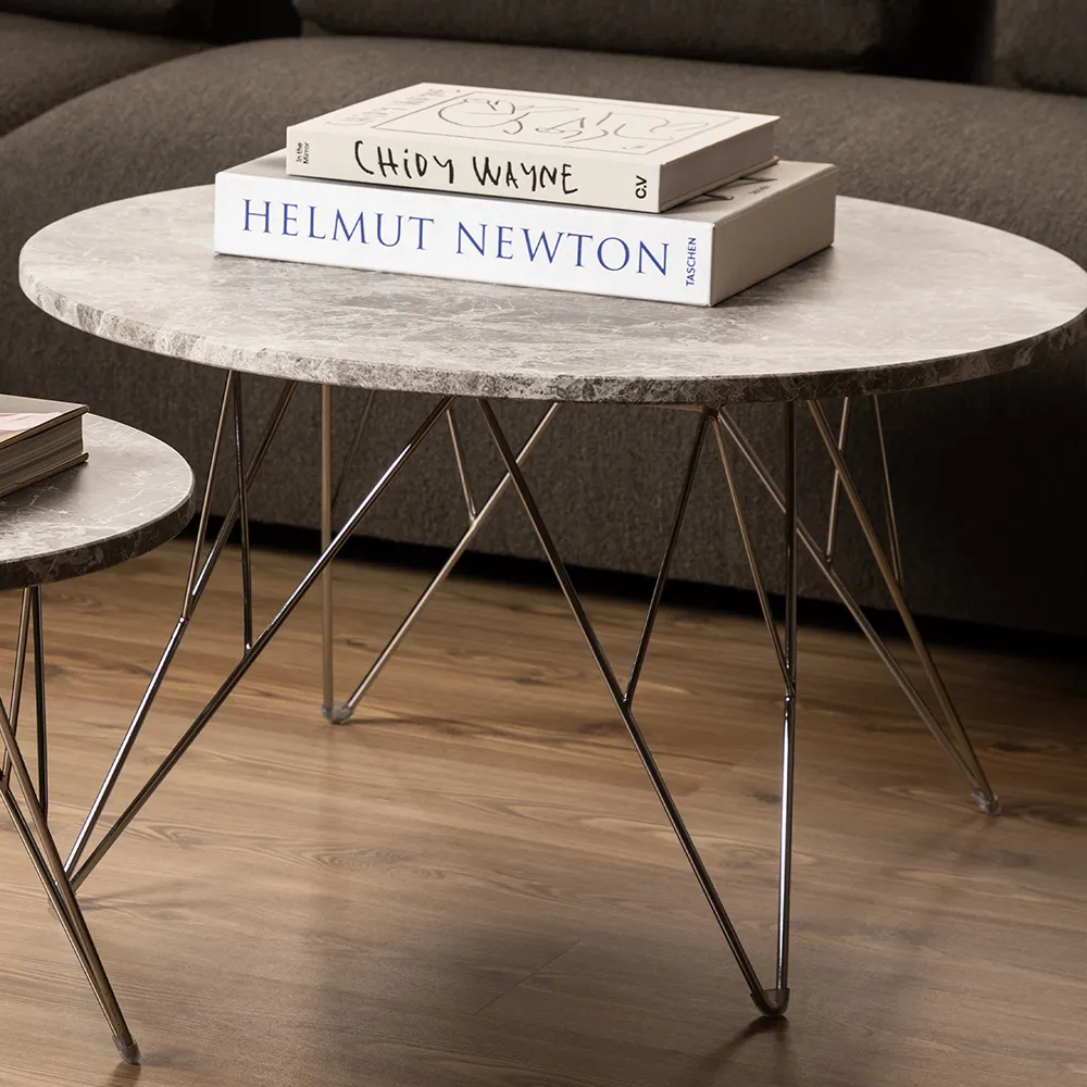 Florence Prunus Round Coffee Table - Grey Brown Marble, Chrome Steel