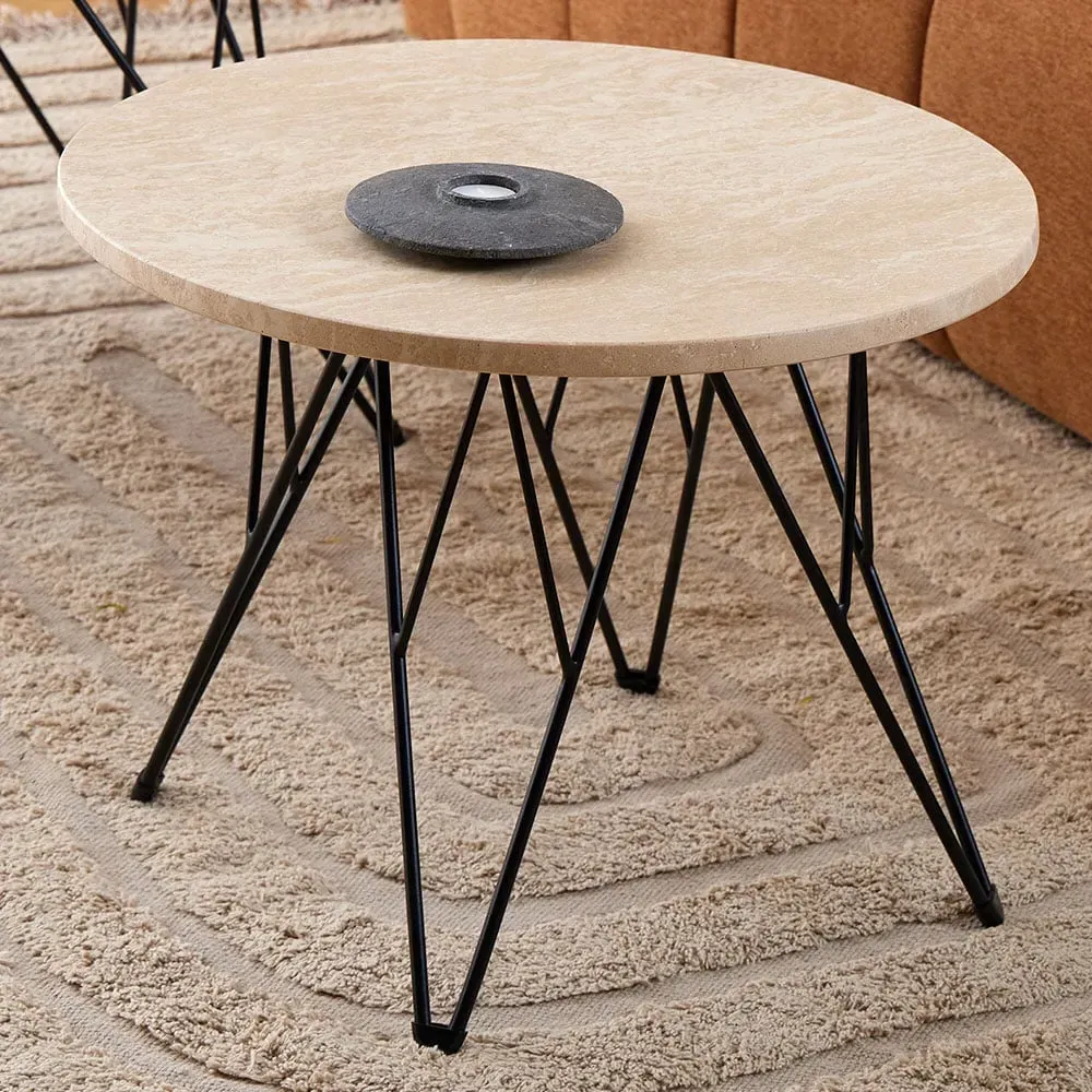Florence Prunus Round Side Table - Beige, Travertine