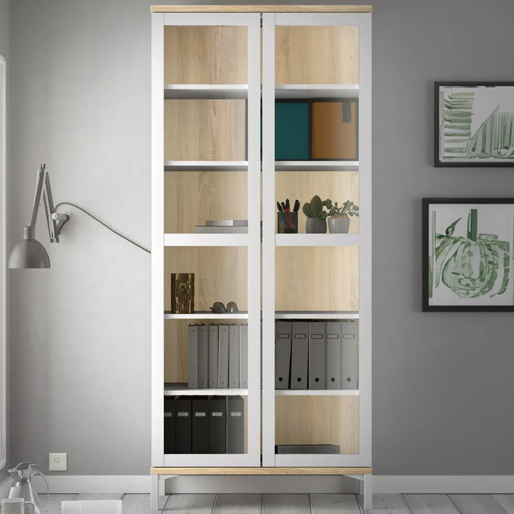 Florence Roomers 2 Door Glazed Display Cabinet - White, Oak