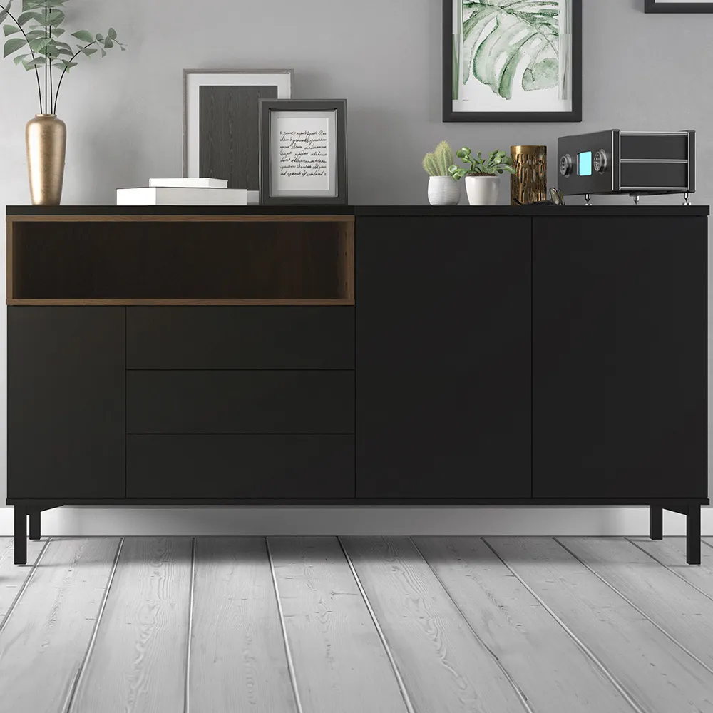 Florence Roomers 3 Door 3 Drawer Sideboard - Black, Walnut