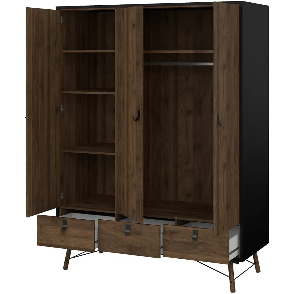 Florence Ry 3 Door 3 Drawer Wardrobe - Black, Walnut